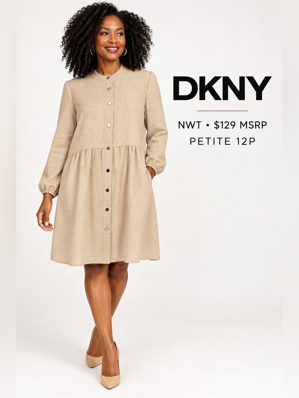 NWT DKNY Beige Button Front Babydoll Dress Petite 12P